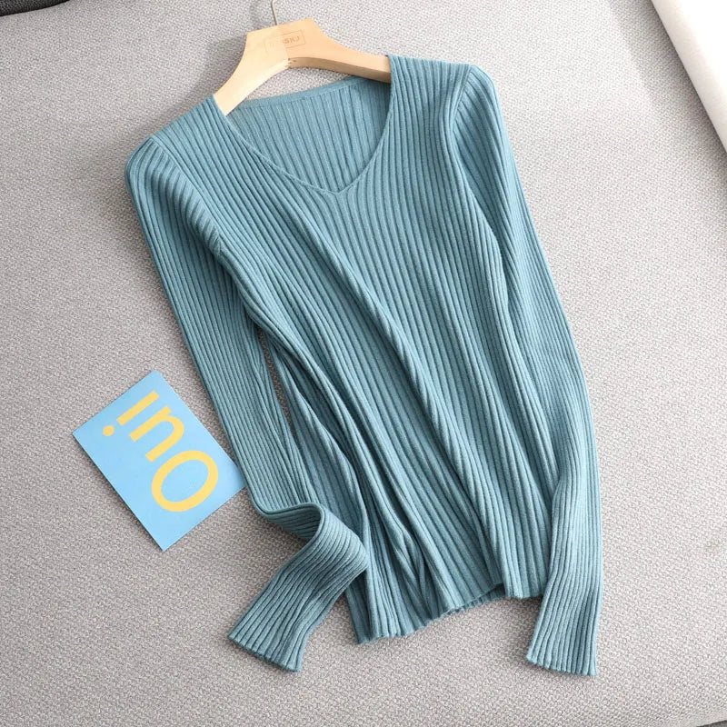 basic v-neck solid autumn winter Sweater Pullover Women Female Knitted sweater slim long sleeve