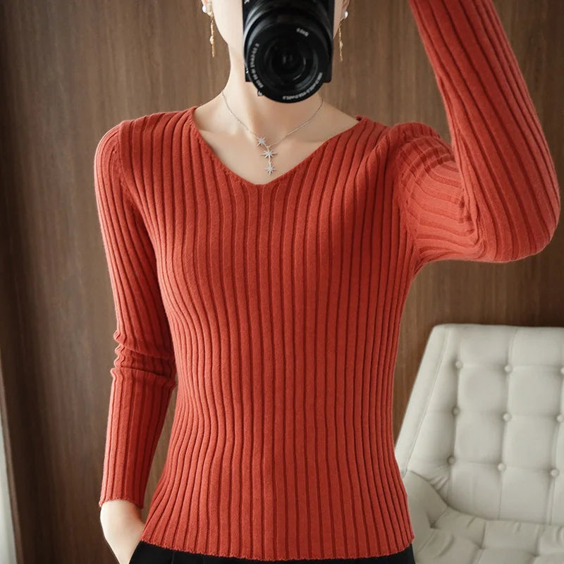 Autumn New Sle Women's Long Sve Knitted Sweater Pure Cotton V-Ne Pullover Slim Fit ort Base Layer Top Casual Sle