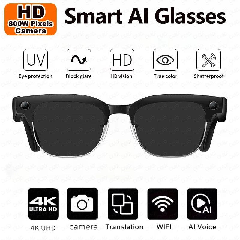 LYNHURD Smart Glasses with 8MP HD camera, optical stabilization, and dual microphones for clear audio and translation.