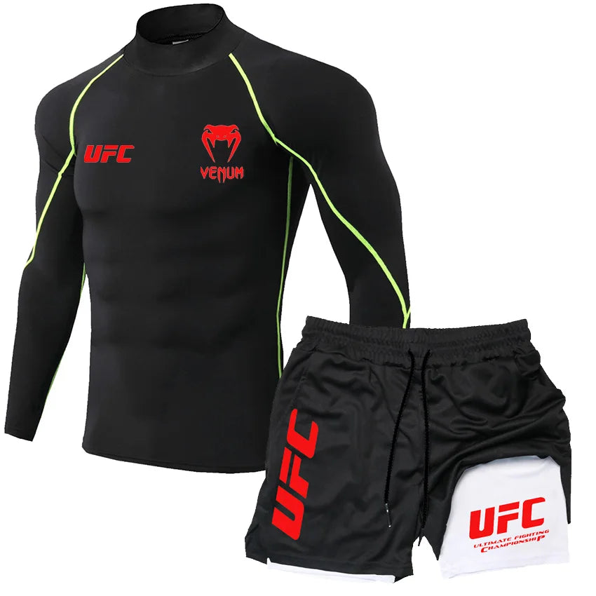 2025 Men's Breathable UFC Long Sleeve+Double Layer Pants Sports Pants Outdoor Running Fitness Training T-shirt Pants
