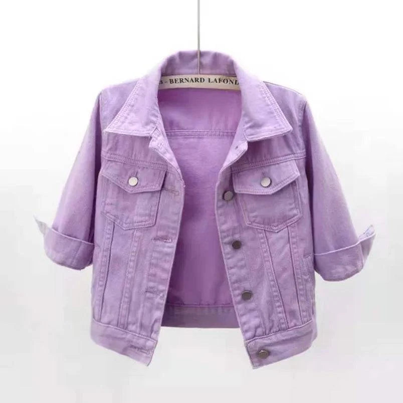 Pink denim jacket by LYNHURD, featuring a loose fit and casual style, perfect for spring and autumn layering.