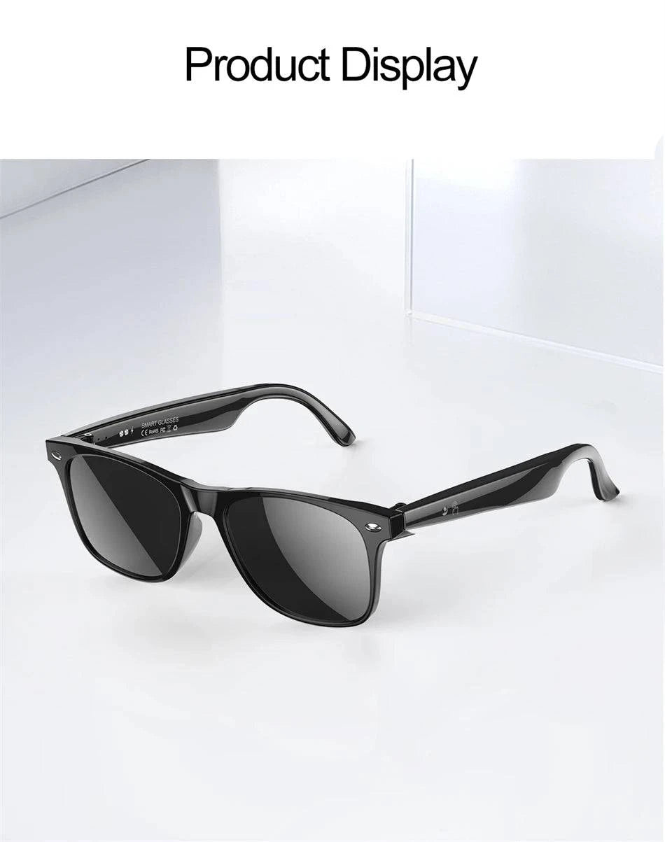 LYNHURD smart glasses for men with anti-blue lens, wireless call feature, and voice assistant in multiple languages.