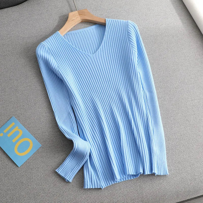 basic v-neck solid autumn winter Sweater Pullover Women Female Knitted sweater slim long sleeve