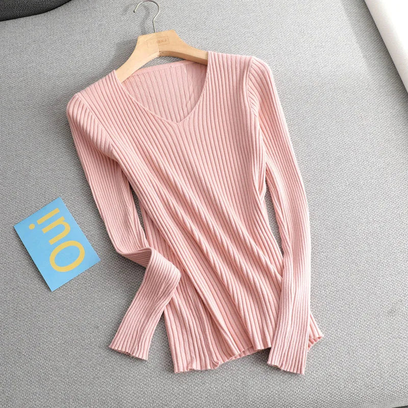 basic v-neck solid autumn winter Sweater Pullover Women Female Knitted sweater slim long sleeve