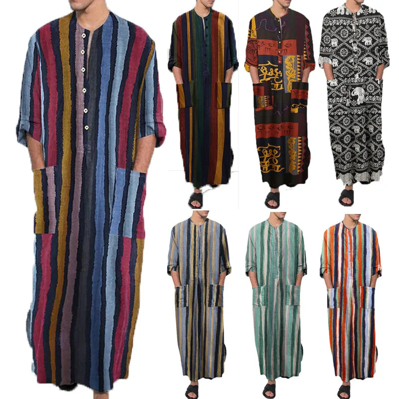 2026 Men's Muslim Clothing Abayas Cotton Linen Nightgowns Bathrobe Robe Kaftan Holiday Beach Robe Man Muslim Kaftan Arabic Dress