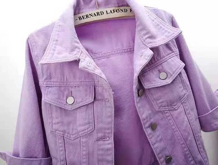 Pink denim jacket by LYNHURD, featuring a loose fit and casual style, perfect for spring and autumn layering.