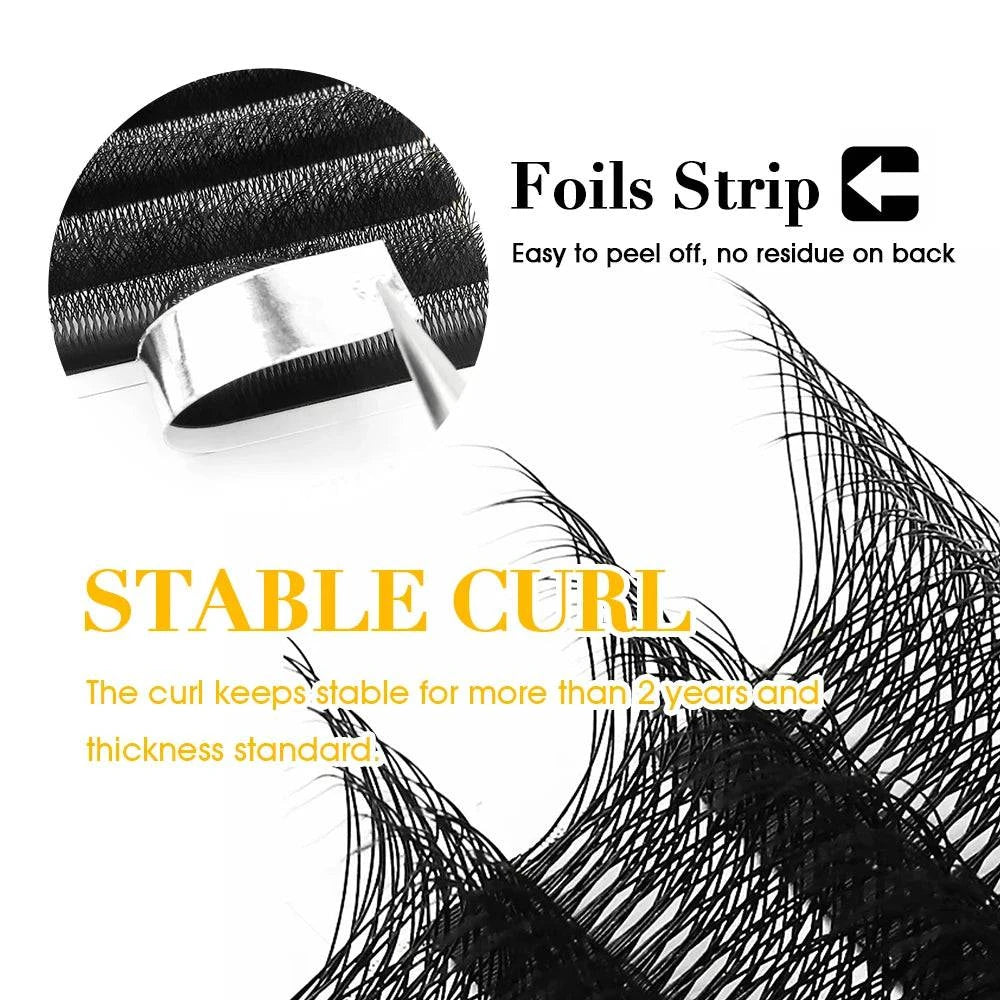 LYNHURD! W-shaped premade fans eyelash extensions in natural soft finish, showcasing various lengths and lightweight design.