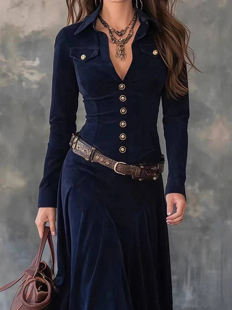 Women’s LYNHURD vintage button patchwork maxi dress with long sleeves and V-neck, perfect for autumn and winter parties.