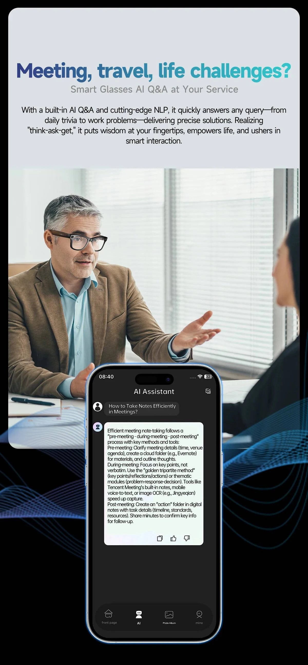 LYNHURD smart glasses with Bluetooth, camera, AI photo recognition, and translation features for men and women.