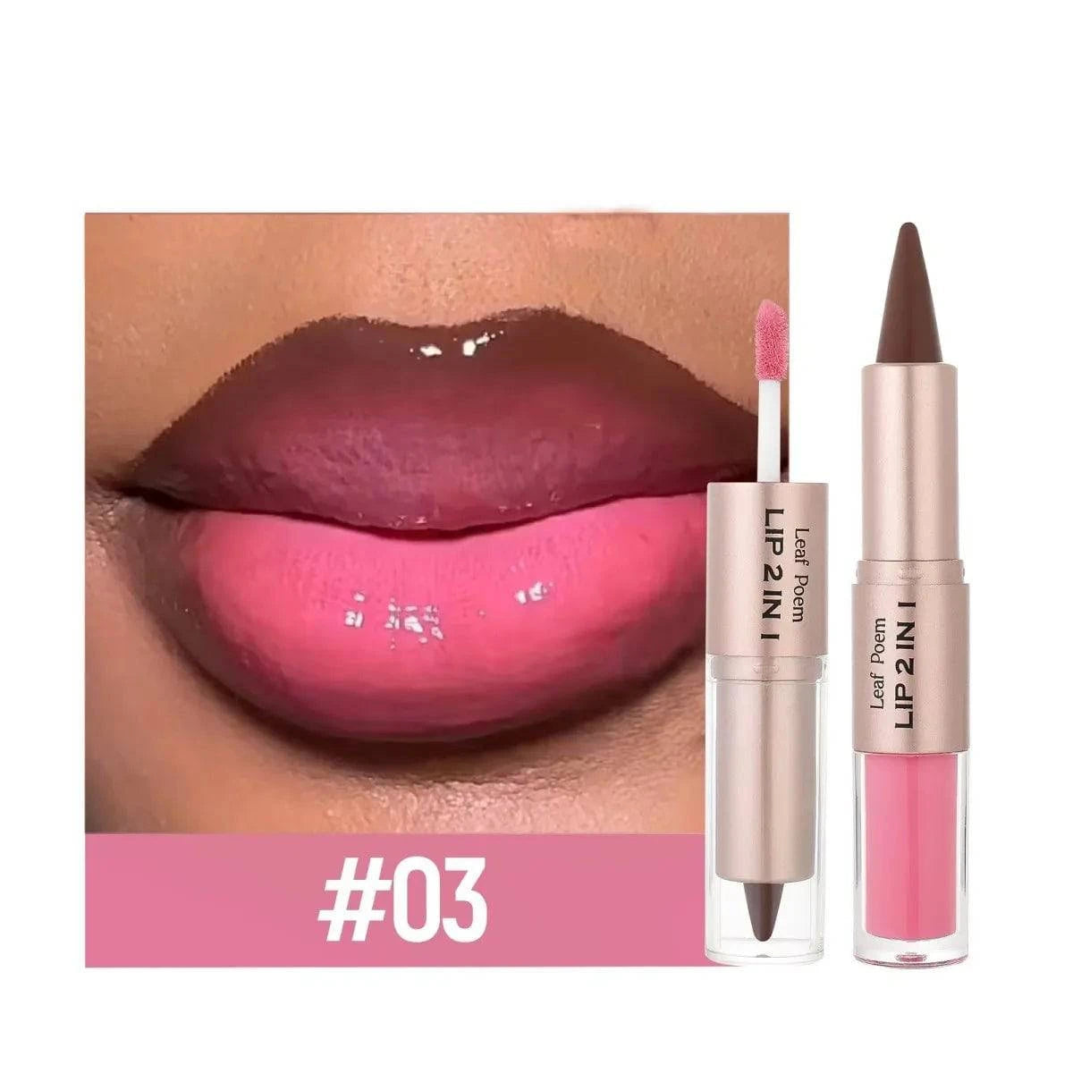 LYNHURD 2IN1 tapered lipliner pen in nude brown with mirror glass lip gloss and matte finish, showcasing waterproof lip contour.