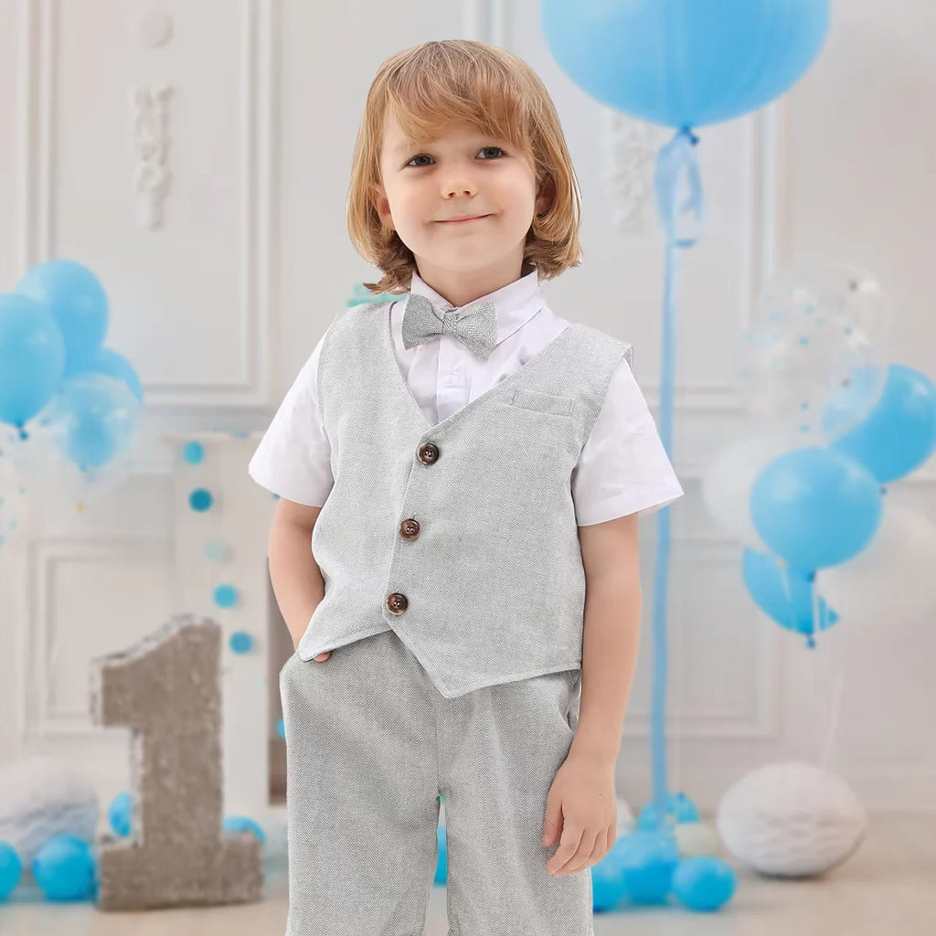 Baby Boy Clothes Toddler Wedding Suit Set Kids Birthday Party Outfit Gemtleman Formal Short Sleeve Cotton Clothing Set 3PCS