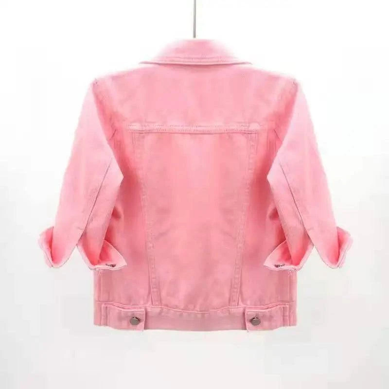 LYNHURD women's pink denim jacket, casual short coat with loose fit, perfect for spring and autumn wear.