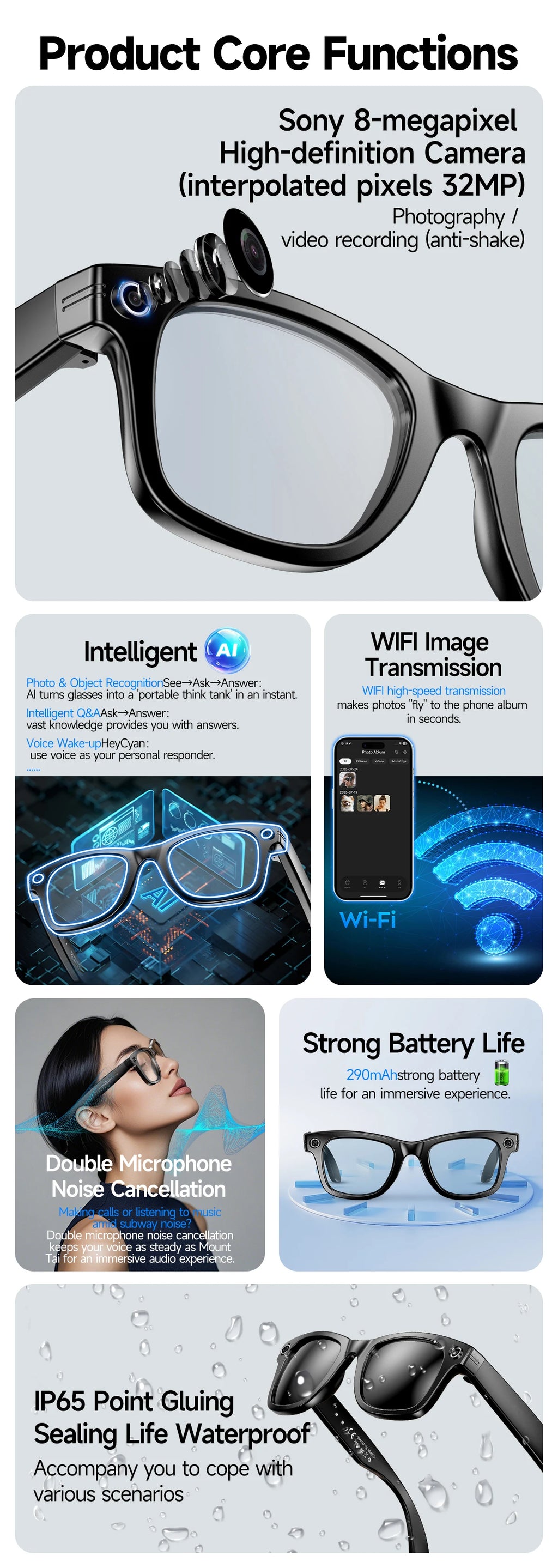 LYNHURD Smart Glasses with 8MP camera, Bluetooth, and touch control, showcasing sleek design and waterproof features.