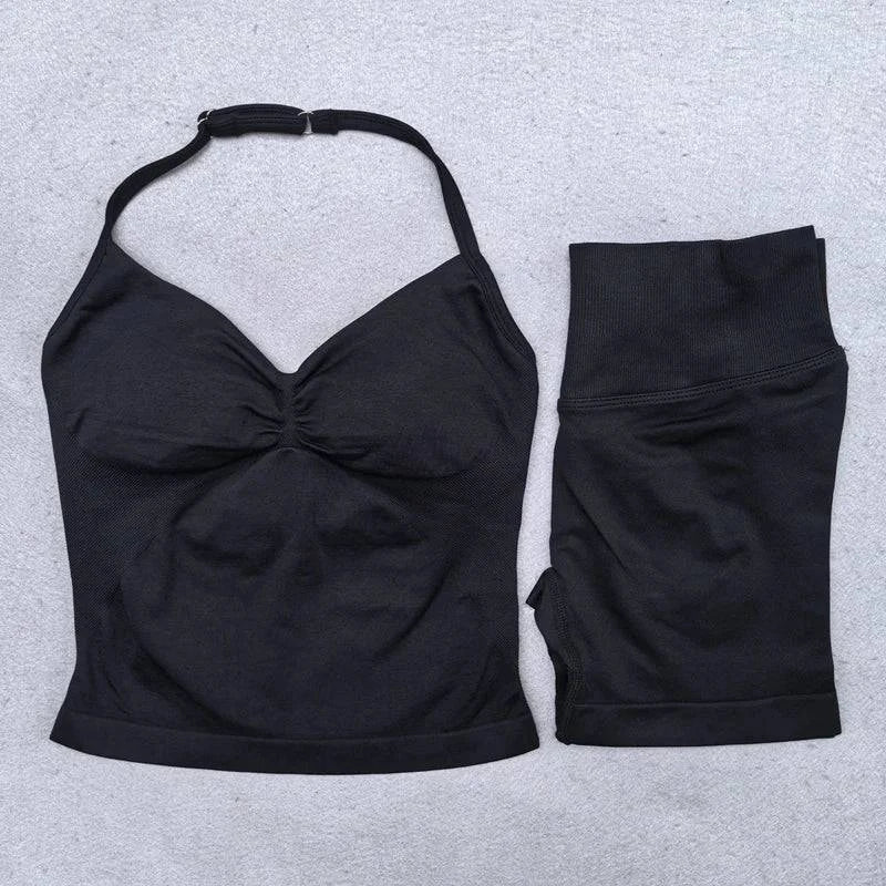Backless halter top and high waist seamless shorts from LYNHURD! in a women's yoga set for fitness and workouts.