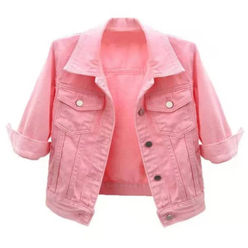 Pink denim jacket for women by LYNHURD, featuring a loose fit and casual style ideal for spring and autumn wear.