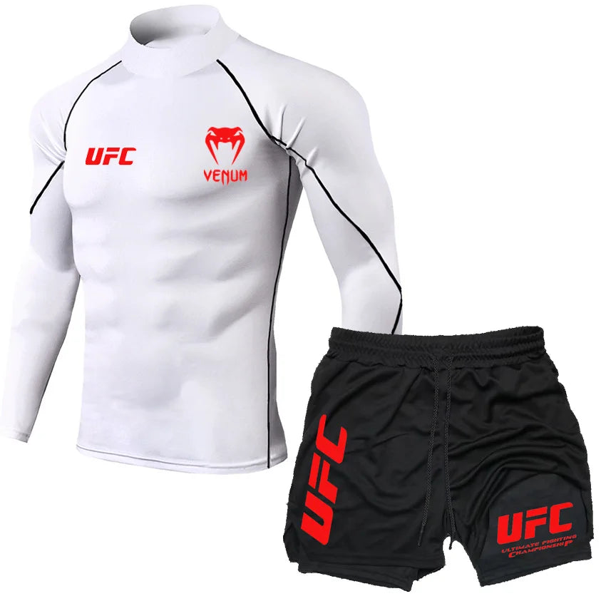 2025 Men's Breathable UFC Long Sleeve+Double Layer Pants Sports Pants Outdoor Running Fitness Training T-shirt Pants