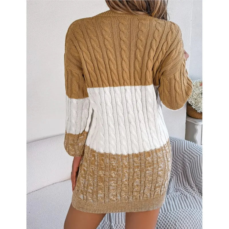Women's Knitted Sweater Dress New Color Blocked Autumn And Winter Elegant Square Collar Button Long Sleeve Sweater Bag Hip Skirt