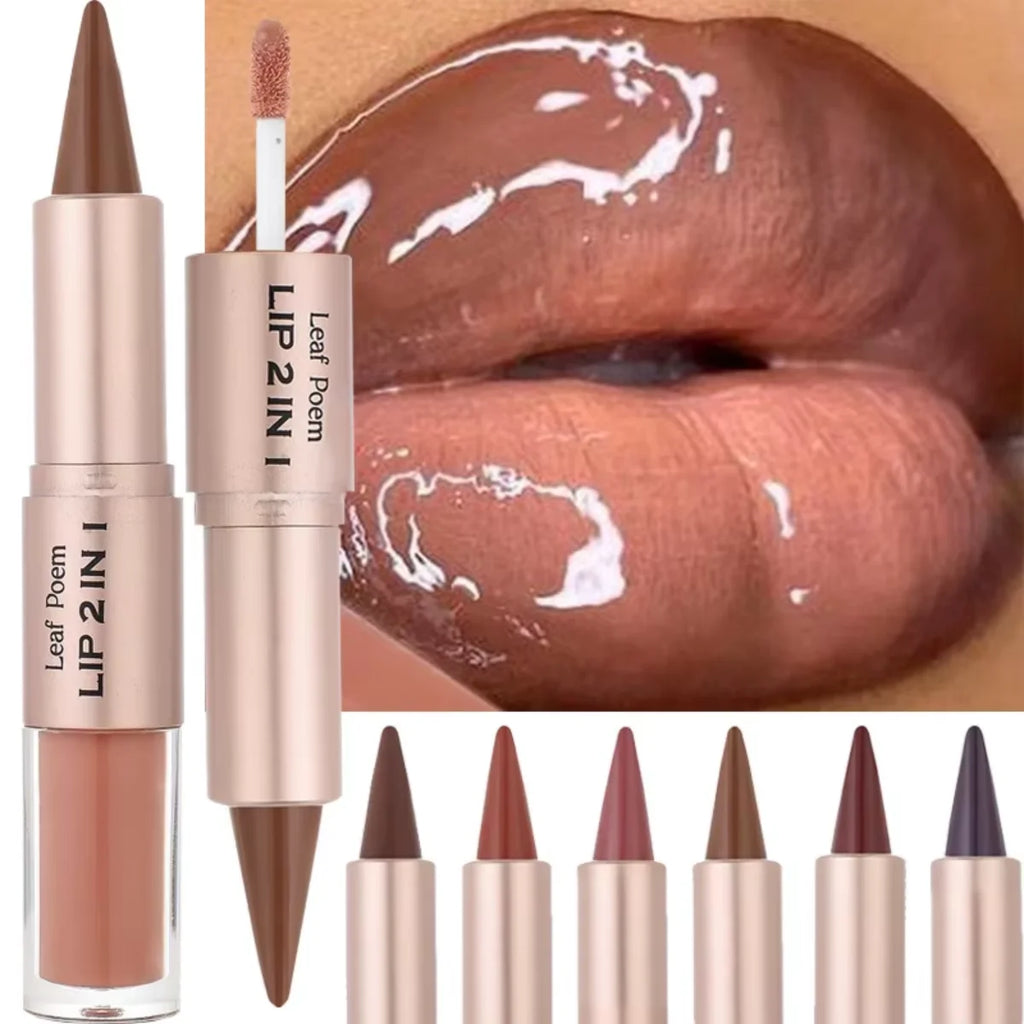 2IN1 Tapered Gradient Lipliner Pen Nude Brown Mirror Glass Lip Gloss Matte Lip Liner Waterproof Lip Contour Non Stick Makeup