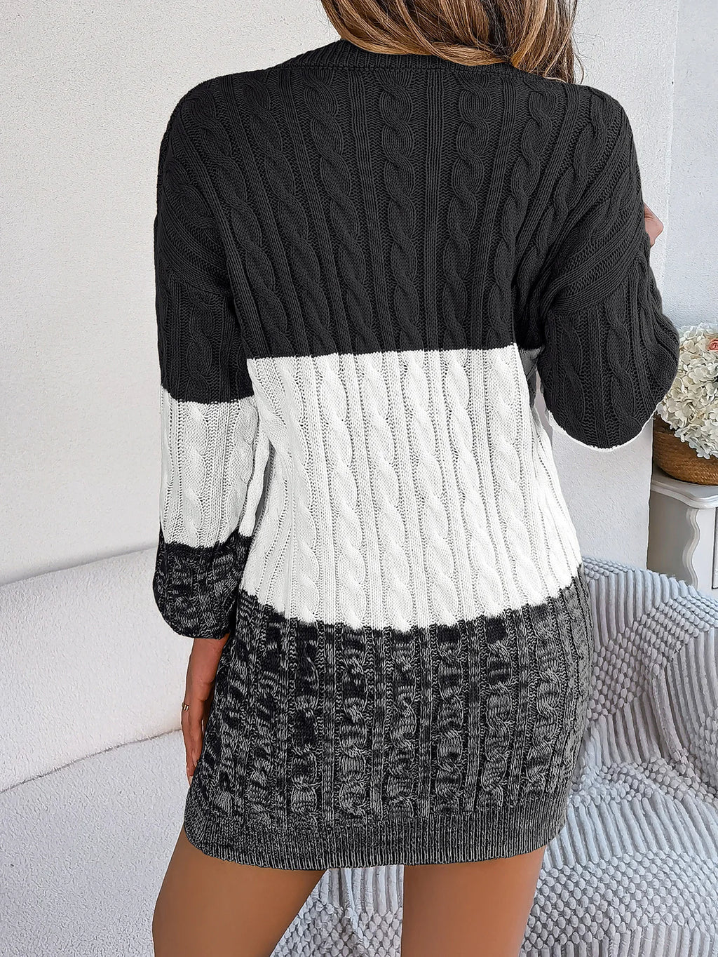 Women's Knitted Sweater Dress New Color Blocked Autumn And Winter Elegant Square Collar Button Long Sleeve Sweater Bag Hip Skirt
