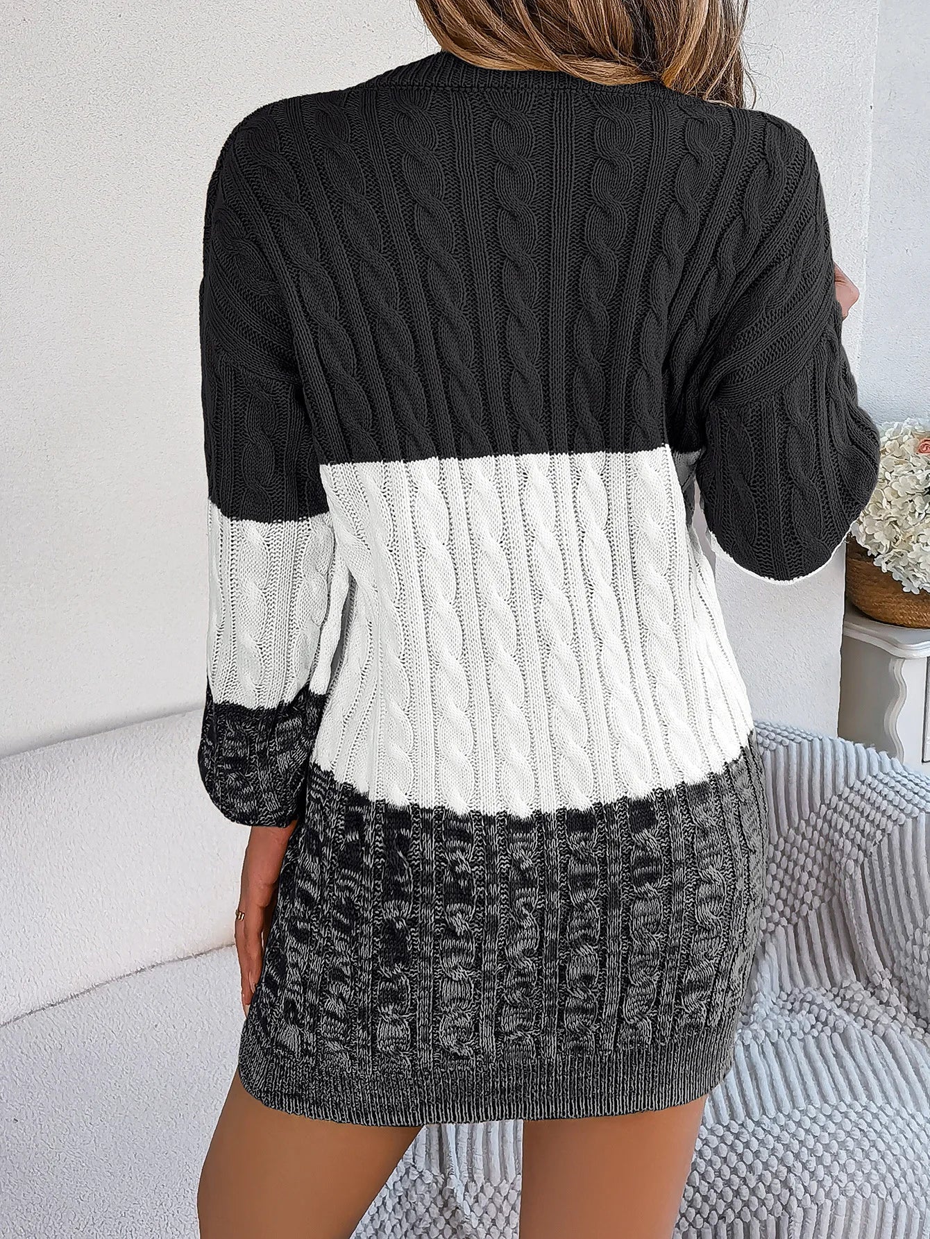 Women's Knitted Sweater Dress New Color Blocked Autumn And Winter Elegant Square Collar Button Long Sleeve Sweater Bag Hip Skirt