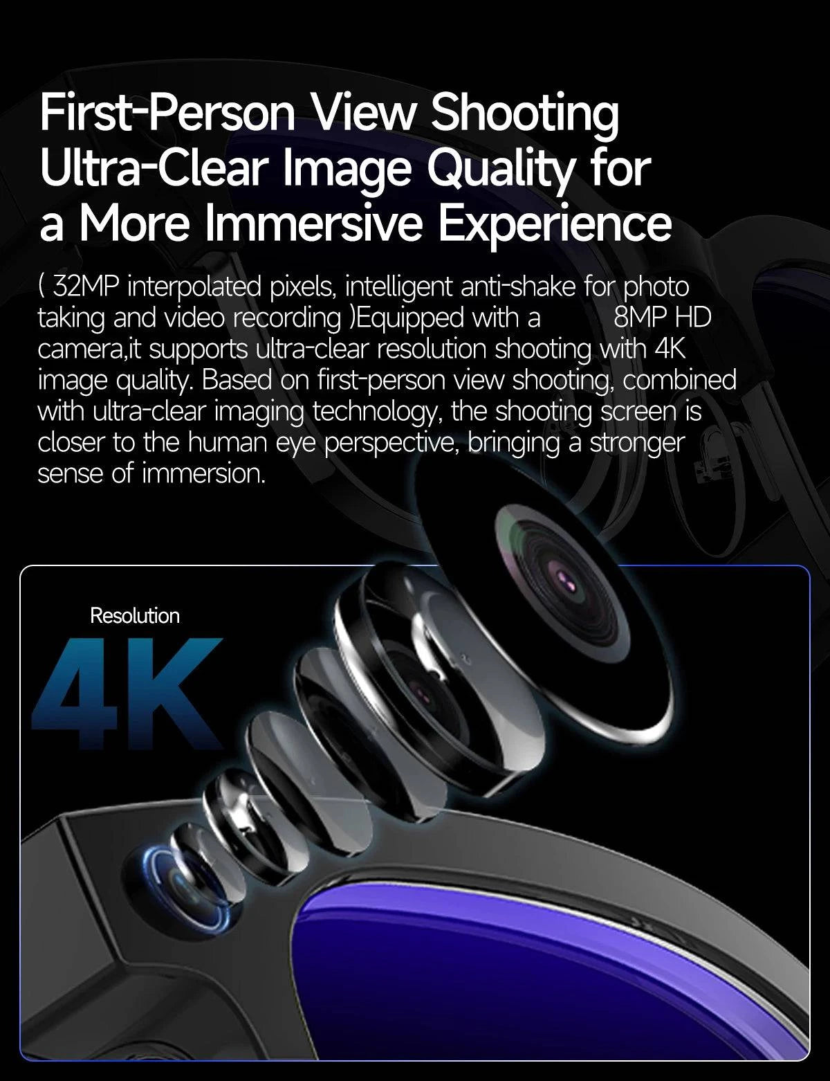 LYNHURD! AI smart translation glasses with HD camera, image stabilization, and dual microphones in a sleek design.