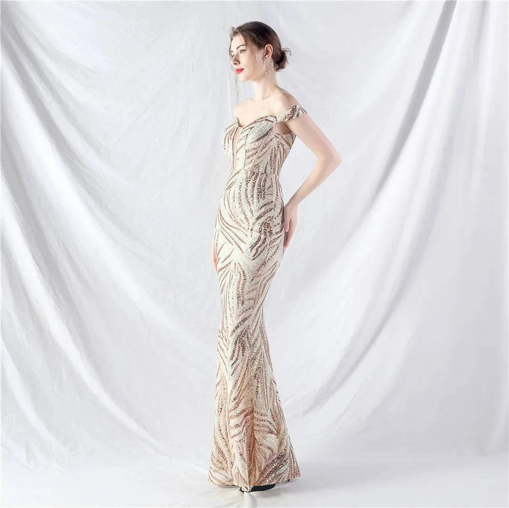 Elegant LYNHURD! ball gown evening dress, perfect for formal occasions and weddings, showcasing luxurious fabric and design.