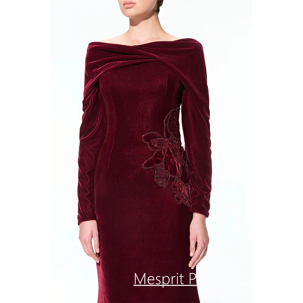 Burgundy Prom Dress Customized Boat Neck Long Sleeves Beading Sequined Sweep Train Velour Mermaid Evening Gown Party Dresses