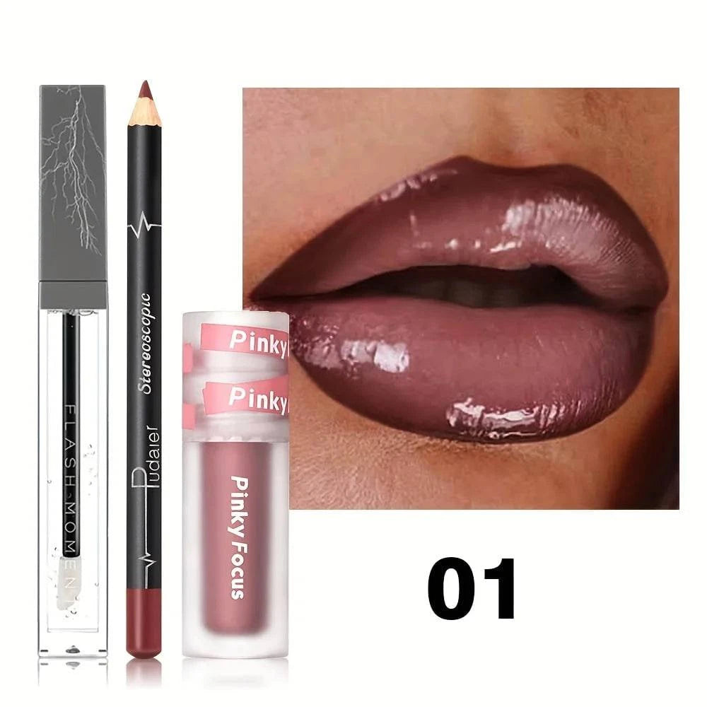 3PCS LYNHURD! glossy lip set featuring shimmer lip gloss, lip oil, and lip liner for a nourishing, high shine look.
