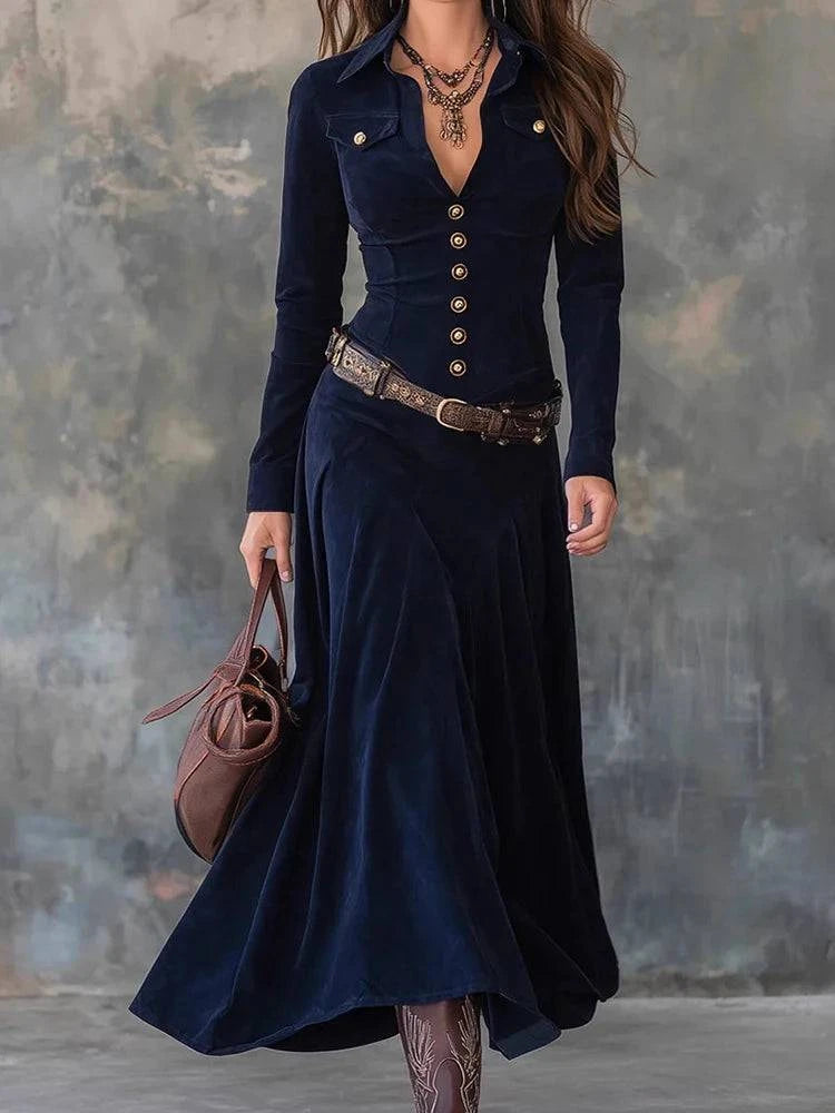 Women’s LYNHURD vintage button patchwork maxi dress, long sleeve, V neck, perfect for autumn and winter events.