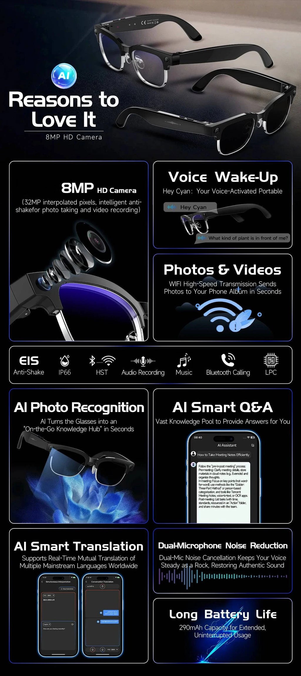 LYNHURD AI Smart Translation Glasses with 8MP camera, optical stabilization, and dual microphones for clear audio.