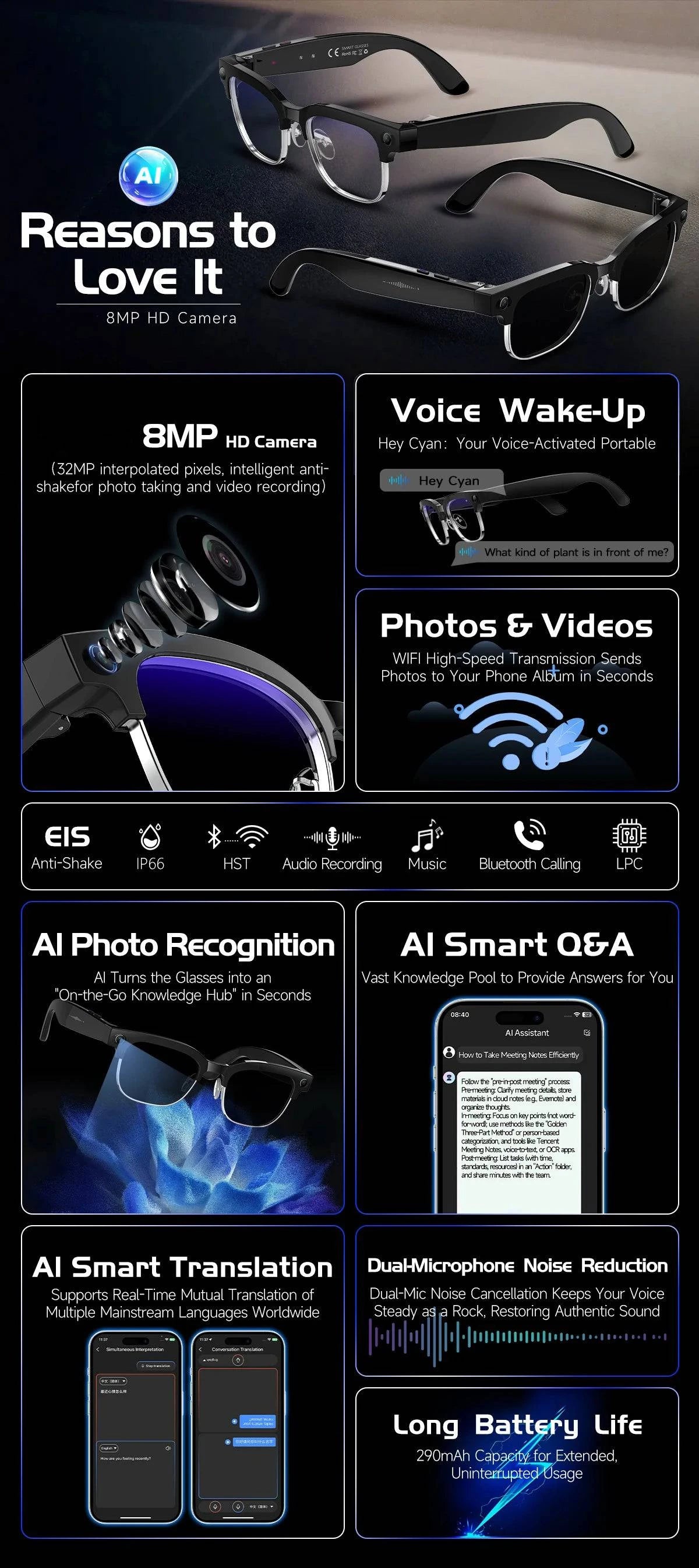 LYNHURD AI Smart Translation Glasses with 8MP camera, optical stabilization, and dual microphones for clear audio.