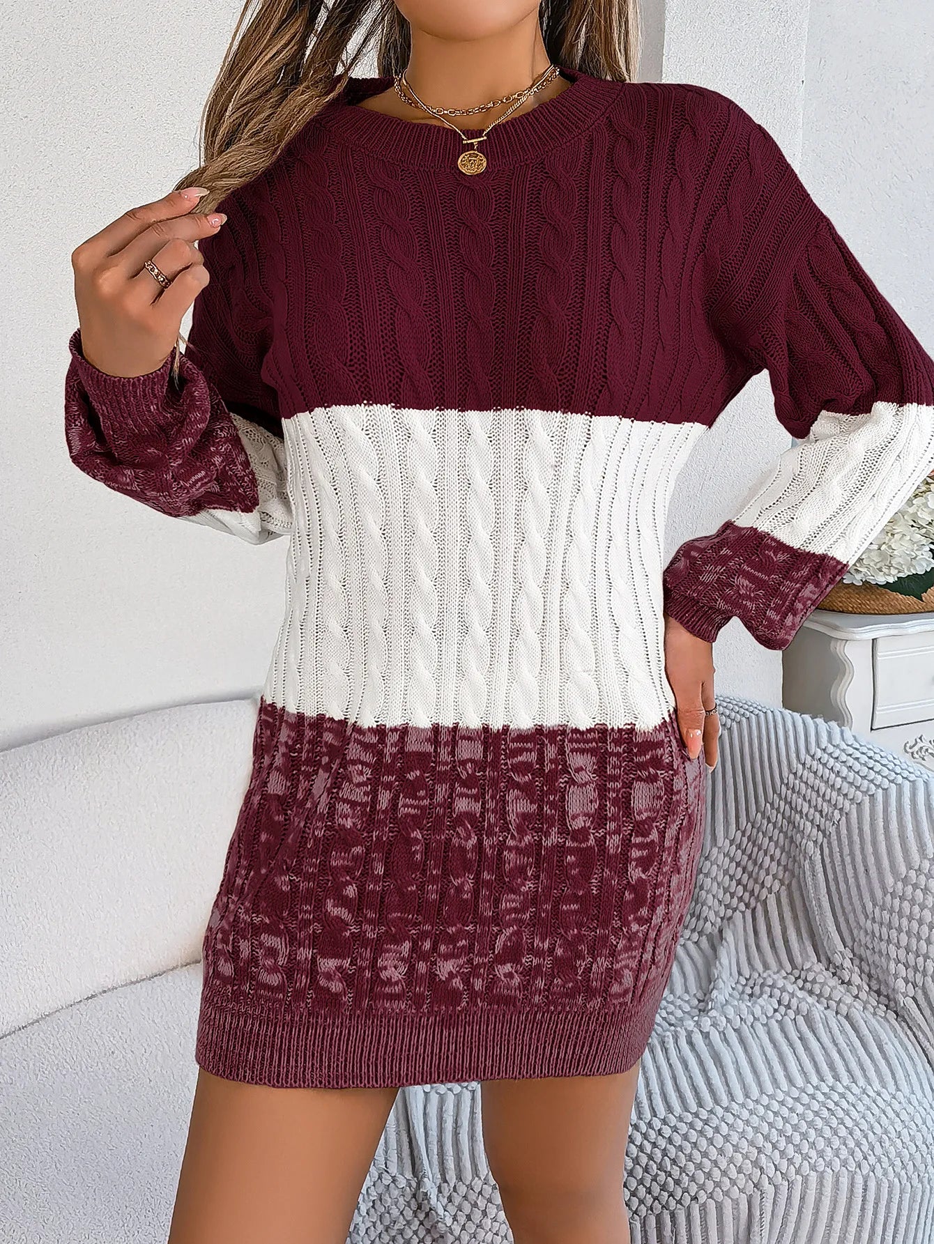 Women's Knitted Sweater Dress New Color Blocked Autumn And Winter Elegant Square Collar Button Long Sleeve Sweater Bag Hip Skirt
