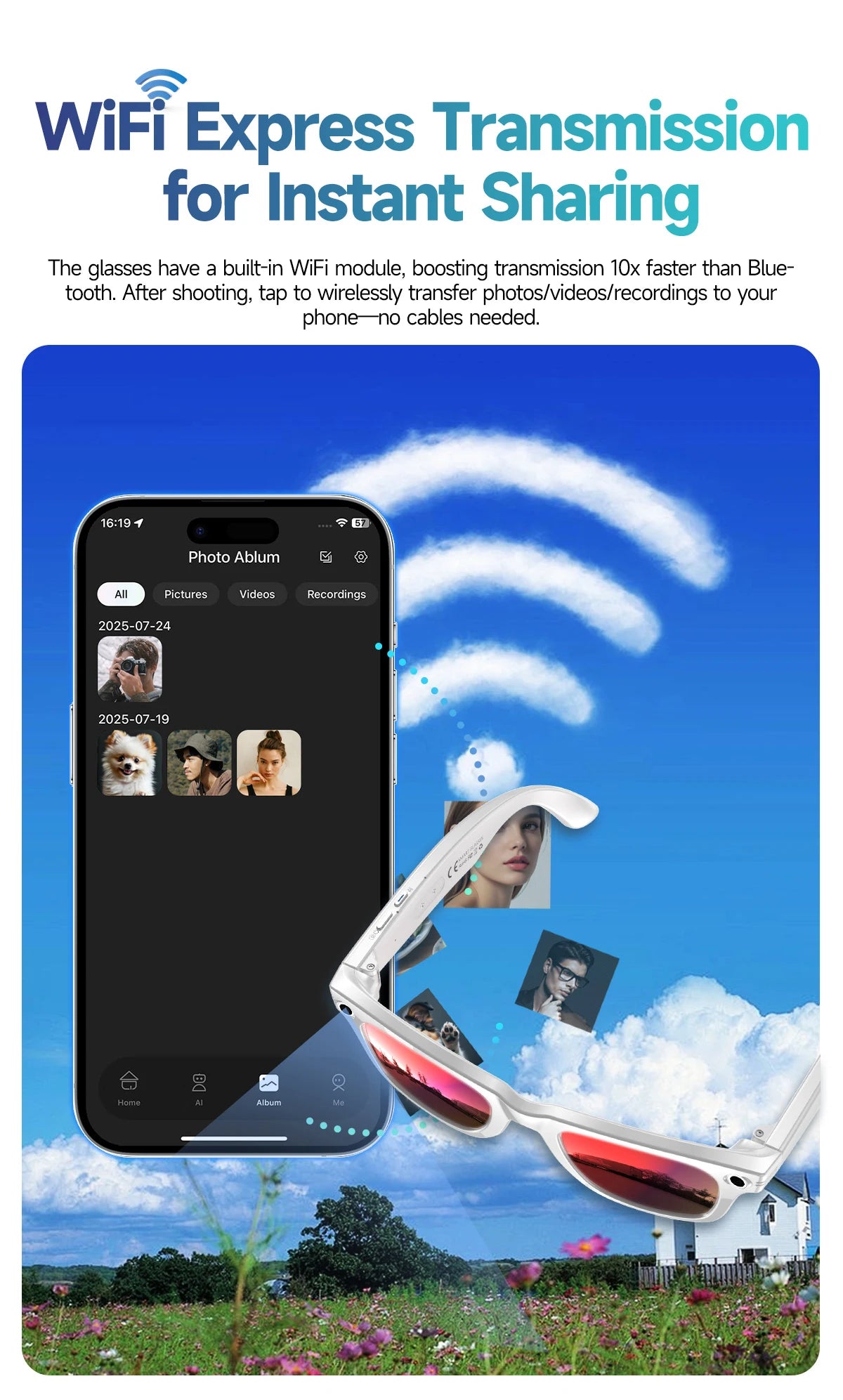 LYNHURD smart glasses with 8MP camera, Bluetooth, touch control, and waterproof design for men and women.
