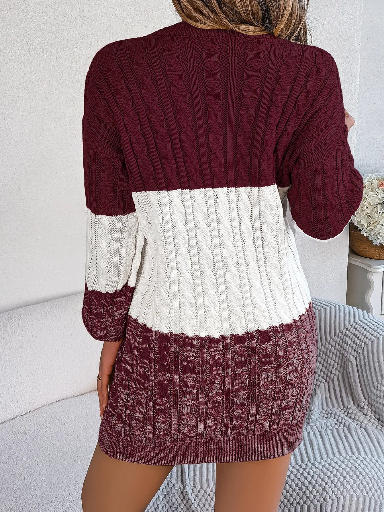 Women's Knitted Sweater Dress New Color Blocked Autumn And Winter Elegant Square Collar Button Long Sleeve Sweater Bag Hip Skirt