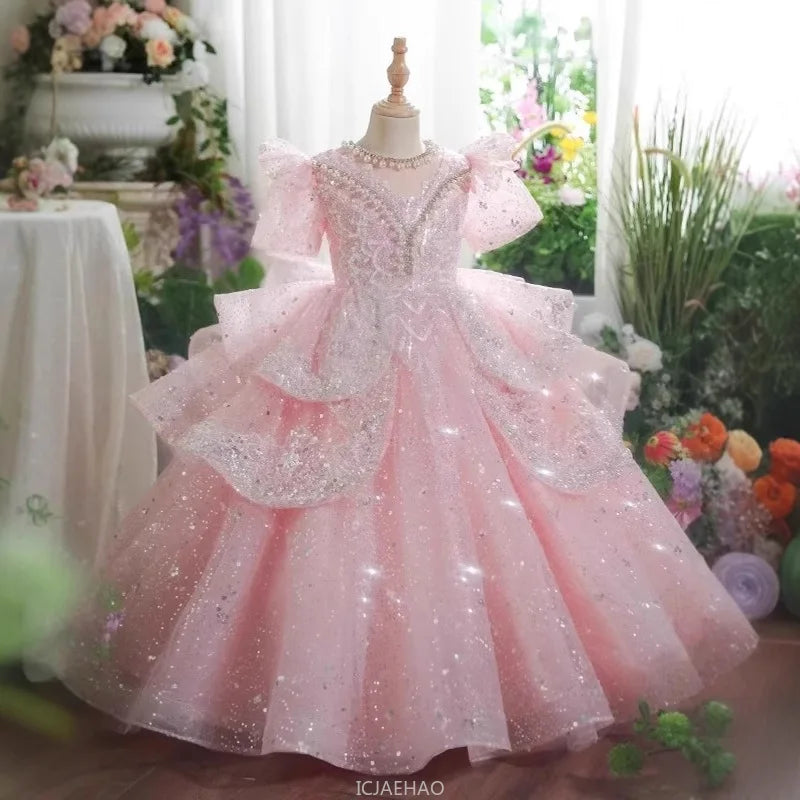 2025 Pink Girls Princess Dress Clothes Birthday Party Pageant Gown Kids Piano Recital Performance Clothes Children Summer Outfit
