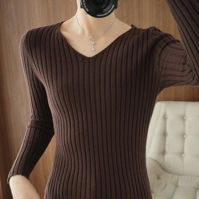 Autumn New Sle Women's Long Sve Knitted Sweater Pure Cotton V-Ne Pullover Slim Fit ort Base Layer Top Casual Sle