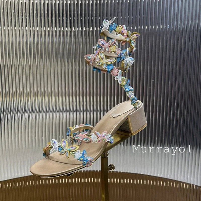 Women Thin High Heels Elastic Strap Gladiator Sandals Bling Rhinestone Flower Decor Sandalias  Summer Bridesmaid Dress Shoes