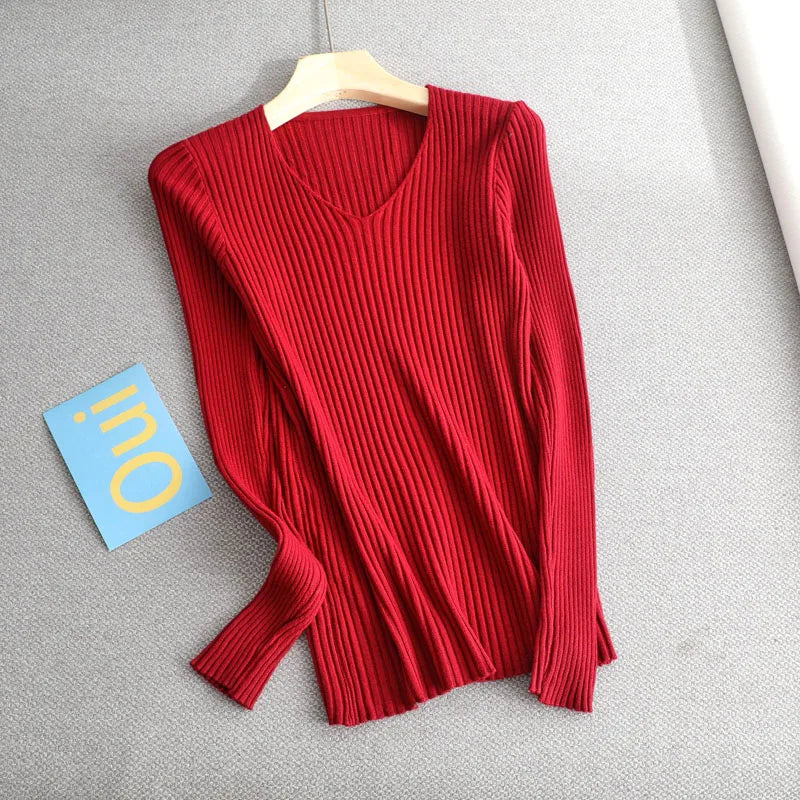 basic v-neck solid autumn winter Sweater Pullover Women Female Knitted sweater slim long sleeve