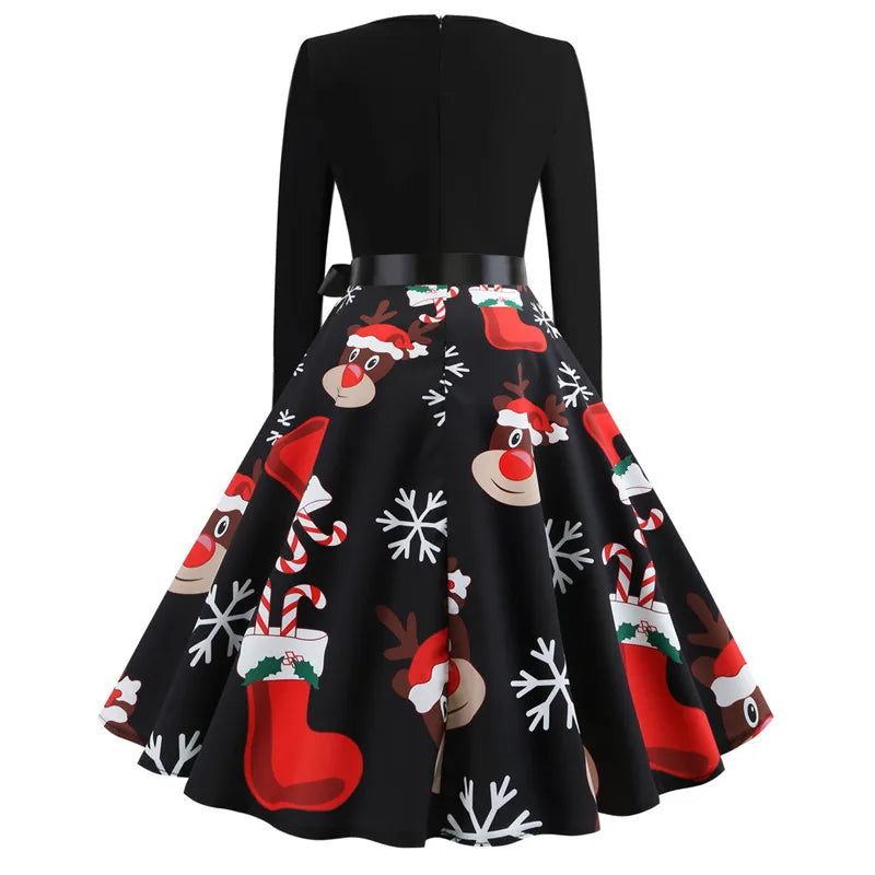 Women's Santa Claus Printed Christmas Costume Dress Long Sleeve Holiday Xmas Fancy Party Gown for Ladies