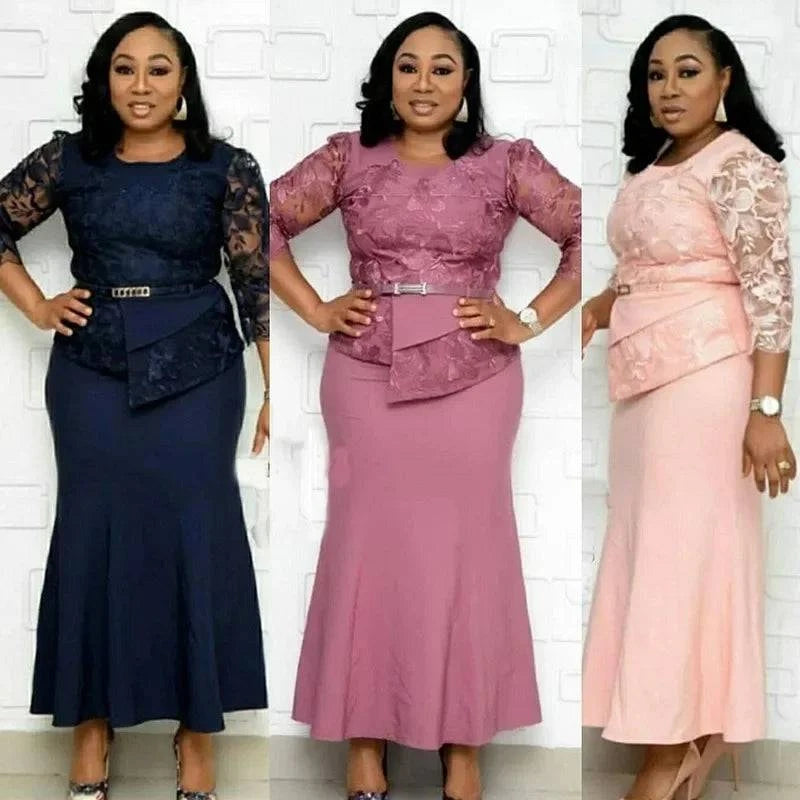 Plus size Christmas dress by LYNHURD, featuring O-neck, 3/4 sleeves, lace patchwork, and a long maxi design.