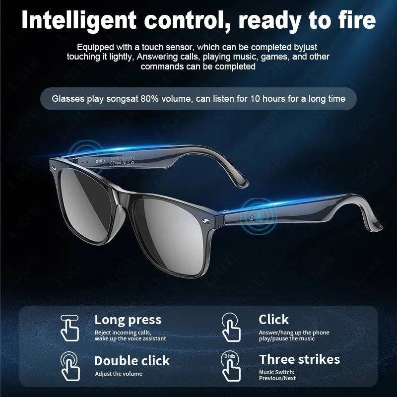 LYNHURD smart glasses for men with anti-blue lens, voice assistant, and intelligent translation features.