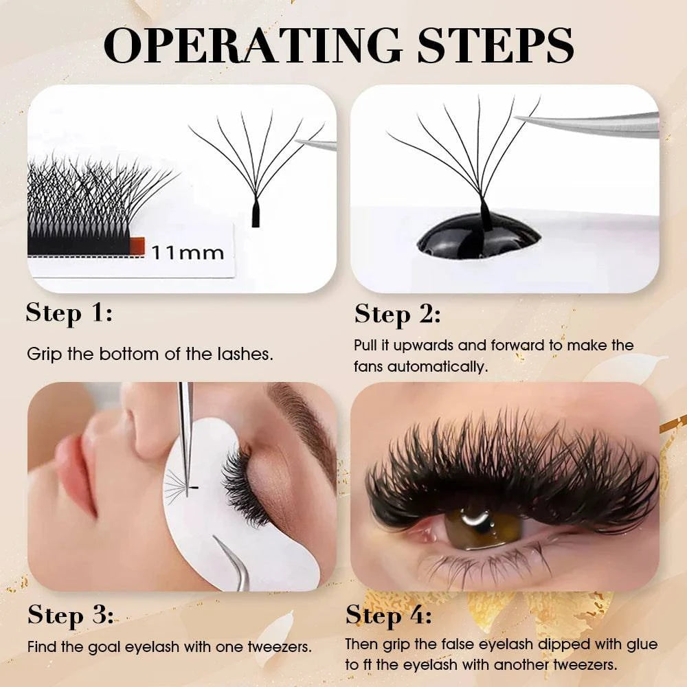 LYNHURD! W-shaped individual premade fans eyelashes extensions in various dimensions, showcasing soft and lightweight design.