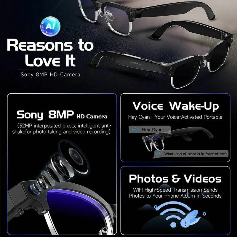 LYNHURD! AI Smart Translation Glasses with 8MP HD camera and dual microphones for clear audio and image stabilization.