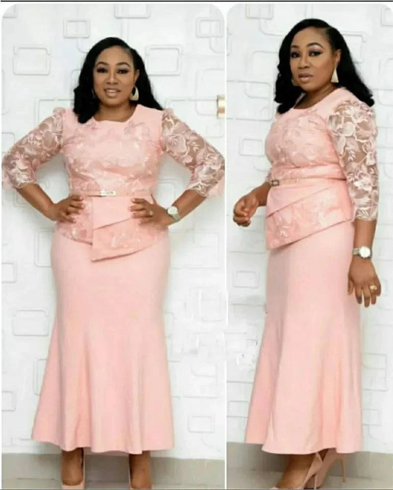 Plus size LYNHURD! Christmas dress featuring O neck, 3/4 sleeves, and lace patchwork in a long maxi style.