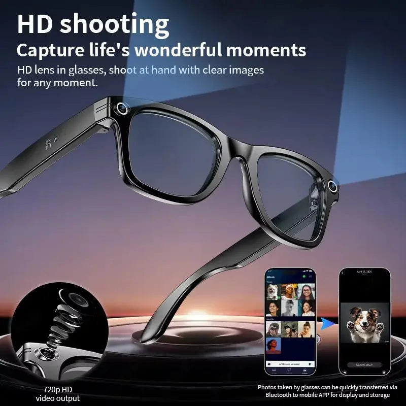 LYNHURD smart glasses for men and women with 8MP camera, touch control, and waterproof AI features.